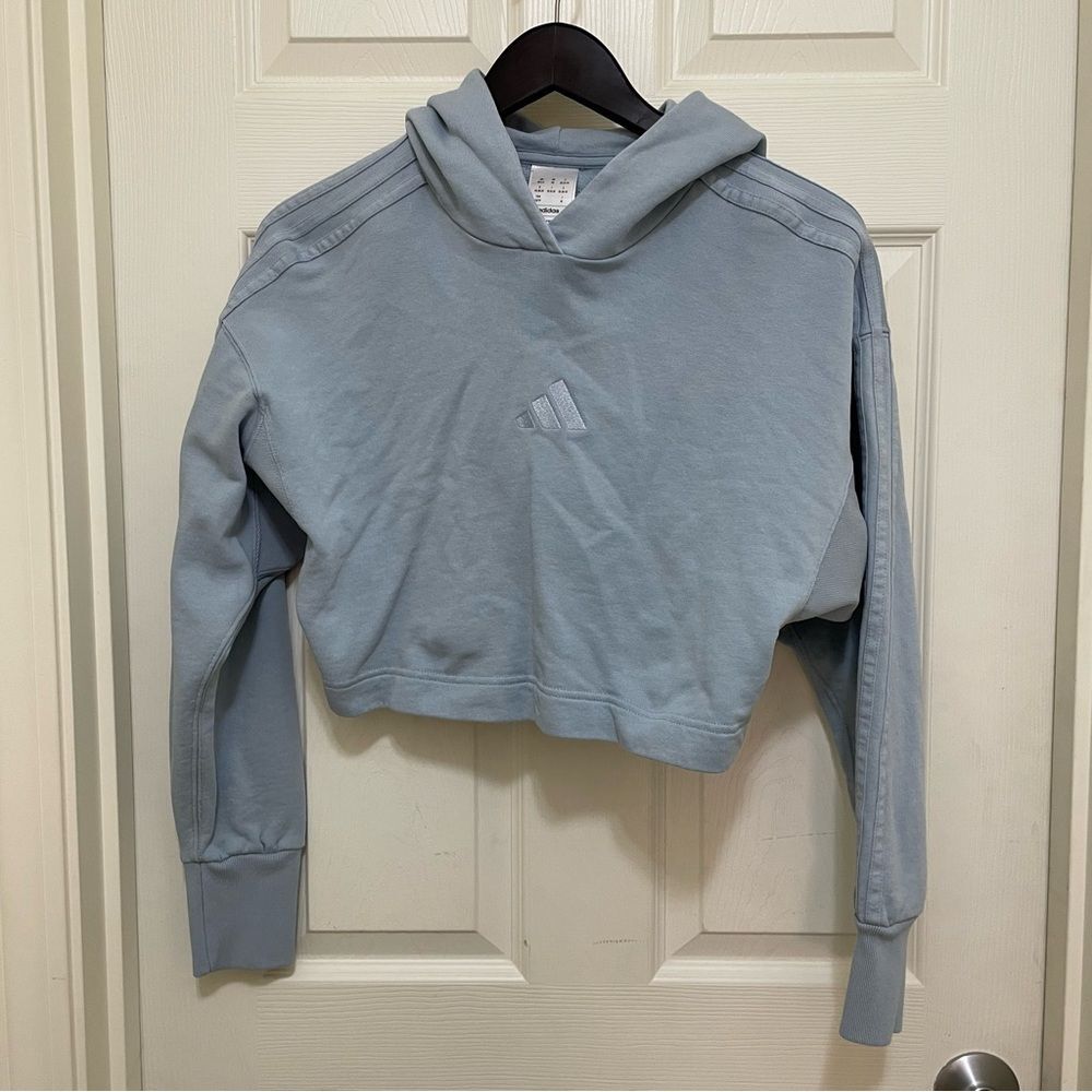 Adidas Cropped Hoodie French Terry 3 Stripes Light‎ Blue Women's Size X-Small